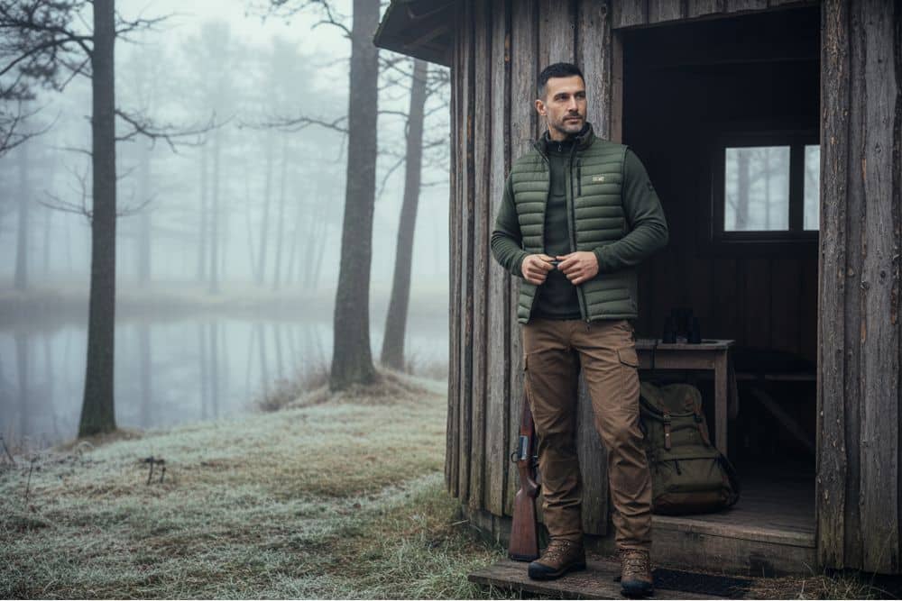 Lifestylefoto van verwarmd vest met quilted buitenlaag, gedragen door man bij houten hut in koud bos, geschikt voor outdoor werk en jacht