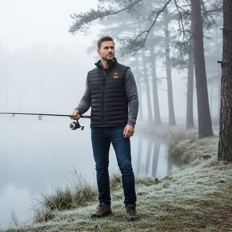 Lifestyle image of a man fishing outdoors wearing a Magnetar heated vest, quilted design for warmth during cold and misty weather.