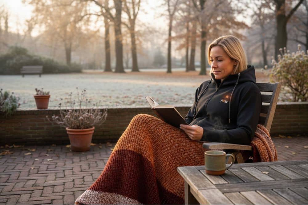 Lifestylefoto van verwarmde hoodie met capuchon, gedragen door vrouw op terras met deken en boek, geschikt voor buiten zitten op koude dagen