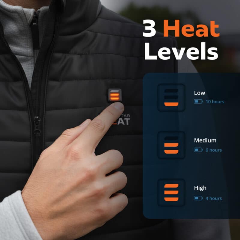 Detail photo of Magnetar heated vest showing heat control button with LED indicator and three heat levels for adjustable warmth