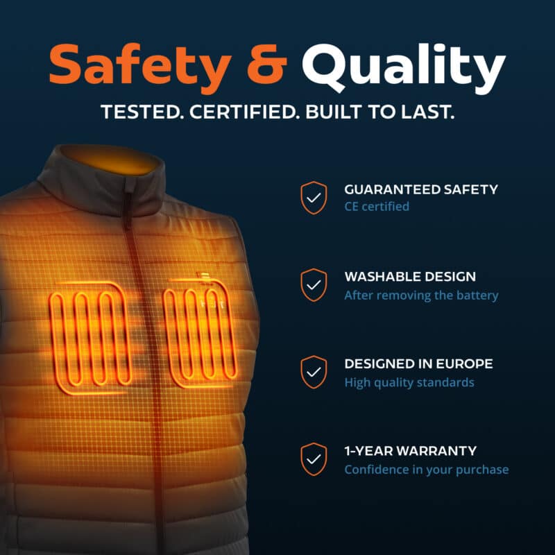 Heated vest showing integrated chest heating panels with safety and quality features, CE certified, washable after battery removal, one year warranty