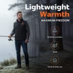 Lightweight heated vest worn by man fishing outdoors, sleeveless insulated design for warmth during outdoor activities, work, and daily use