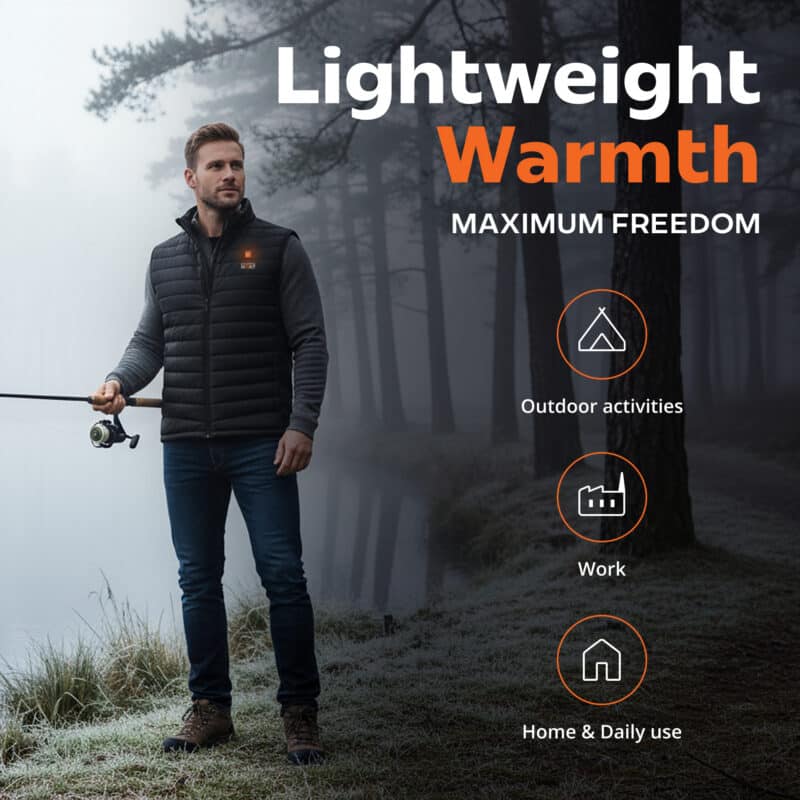 Lightweight heated vest worn by man fishing outdoors, sleeveless insulated design for warmth during outdoor activities, work, and daily use