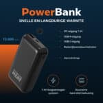 USP productfoto van de zwarte Magnetar Heat powerbank 13.000 mAh met labels voor USB-poorten en het 7.4V systeem.