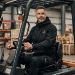 Heated work jacket worn by forklift driver in a warehouse, black softshell with built-in heating, shown in a real work environment.