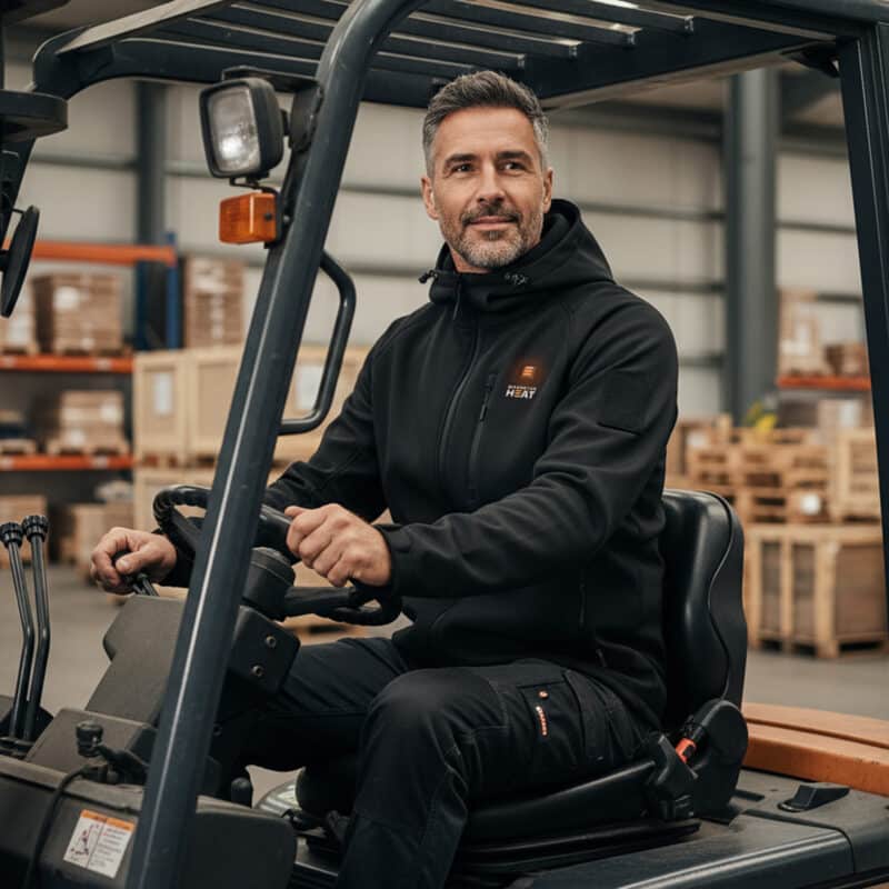 Heated work jacket worn by forklift driver in a warehouse, black softshell with built-in heating, shown in a real work environment.