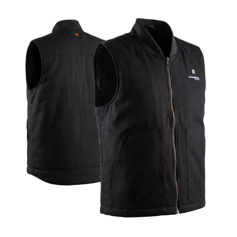 Front and back view product photo of Magnetar heated vest with sleeveless insulated design, zip closure, and practical front pockets for work and outdoor use