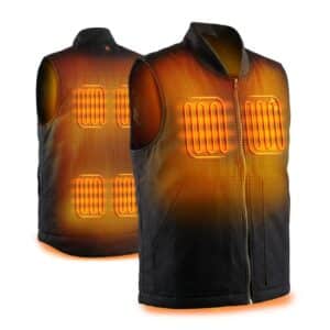 Front and back view of Magnetar heated vest showing integrated chest and back heating panels, sleeveless insulated design for work and outdoor use