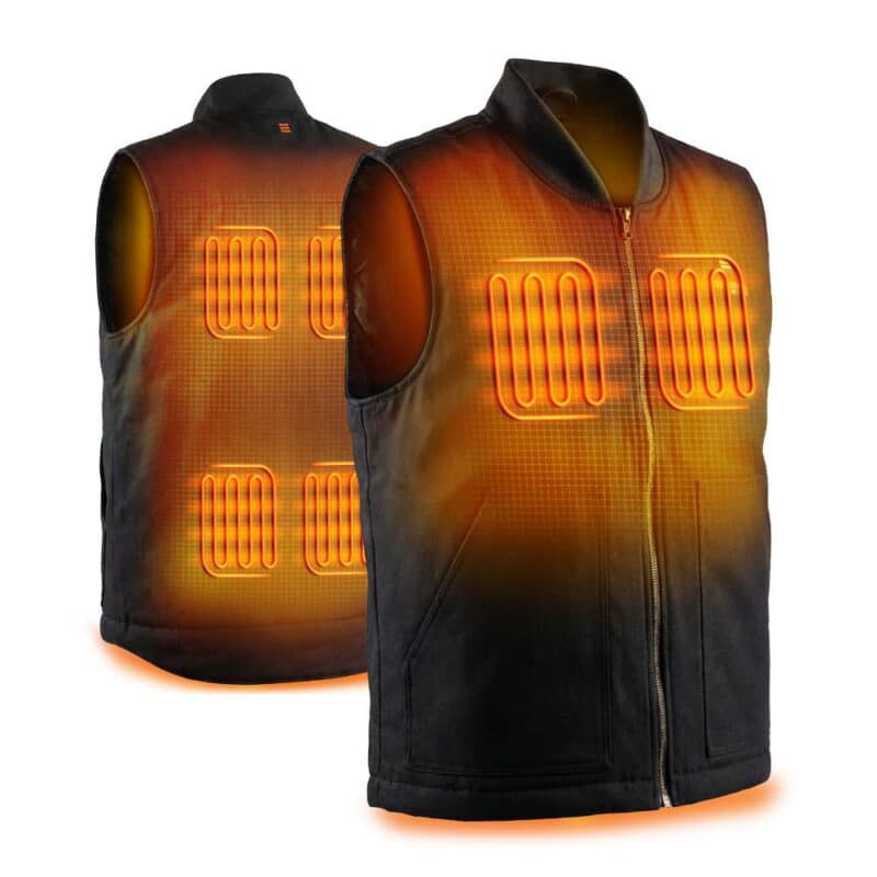 Front and back view of Magnetar heated vest showing integrated chest and back heating panels, sleeveless insulated design for work and outdoor use