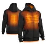 Black heated hoodie with visible heating zones on chest and back, full zip and hood, product image showing built in heat panels for cold outdoor use