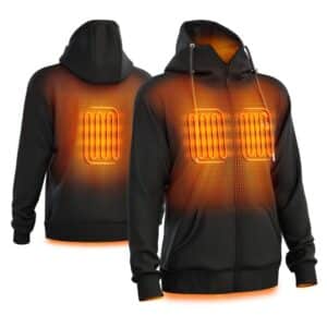 Black heated hoodie with visible heating zones on chest and back, full zip and hood, product image showing built in heat panels for cold outdoor use