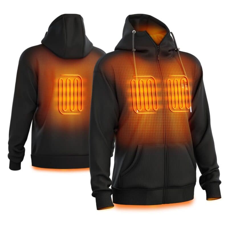 Black heated hoodie with visible heating zones on chest and back, full zip and hood, product image showing built in heat panels for cold outdoor use