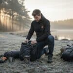 Heated hoodie worn by an outdoor camper packing a backpack at a frosty campsite, black fabric with built-in heating for cold weather use.