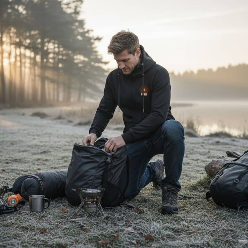 Heated hoodie worn by an outdoor camper packing a backpack at a frosty campsite, black fabric with built-in heating for cold weather use.
