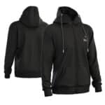 Black heated hoodie with full zip and drawstring hood, front and back product view, designed for outdoor work and cold weather use