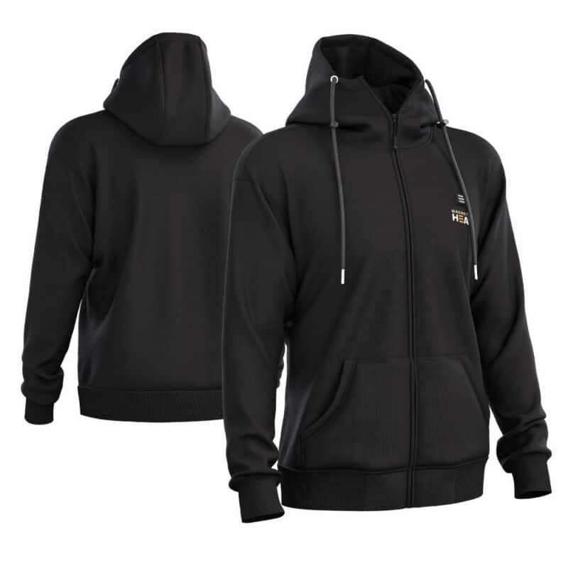 Black heated hoodie with full zip and drawstring hood, front and back product view, designed for outdoor work and cold weather use