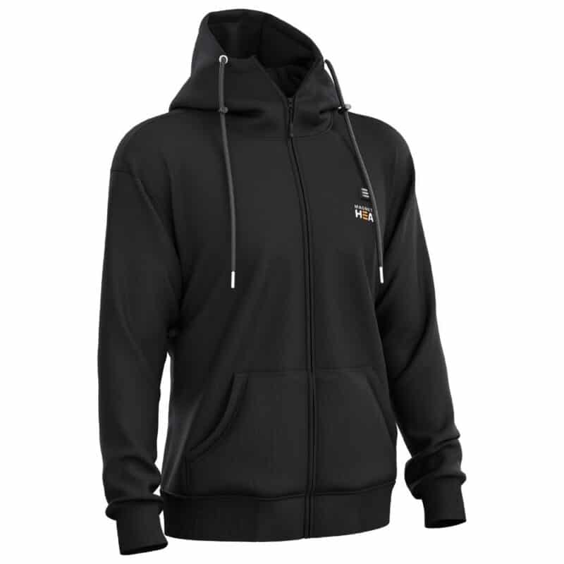 Product photo of a black Magnetar heated hoodie with zipper and hood, designed for everyday wear and cold indoor or outdoor cond