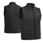 Black heated vest with quilted padding and sleeveless fit, front and back product view, designed for outdoor work and cold weather activities