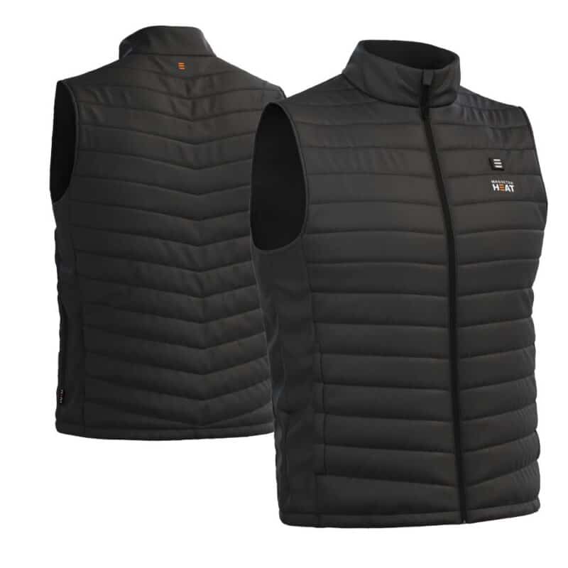Black heated vest with quilted padding and sleeveless fit, front and back product view, designed for outdoor work and cold weather activities