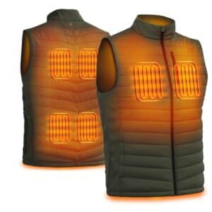 Olive green heated vest with visible heating zones on chest and back, sleeveless quilted design, product image highlighting built-in heat panels for cold outdoor use