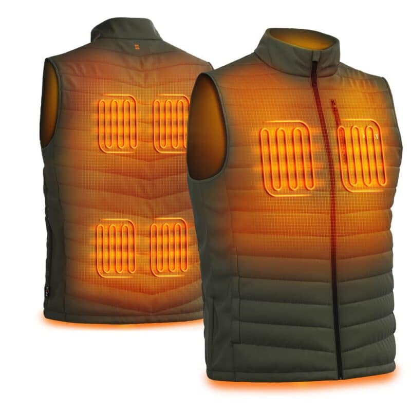 Olive green heated vest with visible heating zones on chest and back, sleeveless quilted design, product image highlighting built-in heat panels for cold outdoor use