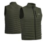 Olive green heated vest with quilted padding, sleeveless design and front zipper, product photo showing front and back, ideal for outdoor work and cold weather use