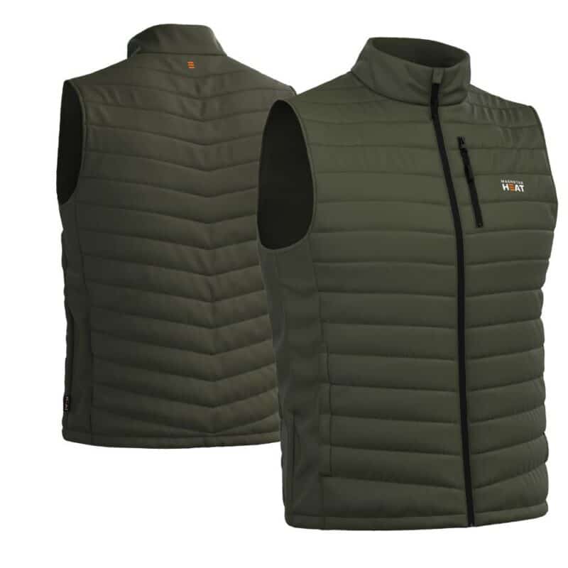 Olive green heated vest with quilted padding, sleeveless design and front zipper, product photo showing front and back, ideal for outdoor work and cold weather use