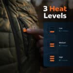 Close-up product image of a Magnetar heated bodywarmer showing the control button with three heat levels and battery life indicators.