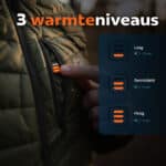 Detailfoto van een olijfgroen verwarmd vest met de drie warmteniveaus en bijbehorende batterijduur in een infographic.