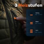 Detailfoto beheizbare Magnetar Heat Weste mit Bedienknopf, drei Heizstufen, LED-Anzeige, bis zu 10 Stunden Wärme, für Outdoor und Arbeit