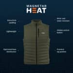 Product image of a Magnetar heated bodywarmer with extra thick padding, lightweight design, wind and water resistance, hidden heat control button and zip pockets.