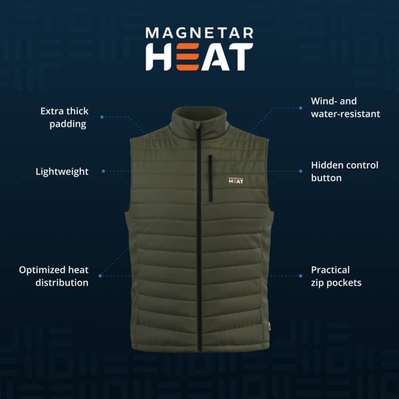 Product image of a Magnetar heated bodywarmer with extra thick padding, lightweight design, wind and water resistance, hidden heat control button and zip pockets.