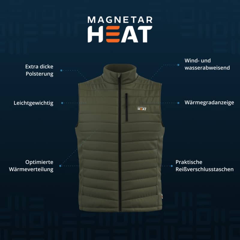 Produktfoto beheizbare Magnetar Heat Weste mit extra Polsterung, leichtem Design, Wärmegradanzeige, wind- und wasserabweisend, Reißverschlusstaschen