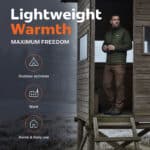 Lifestyle image of a heated vest worn by a man standing in a hunting cabin on a cold morning. Lightweight insulated design for outdoor activities, work, and daily use.