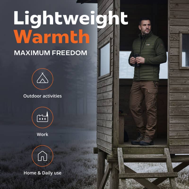 Lifestyle image of a heated vest worn by a man standing in a hunting cabin on a cold morning. Lightweight insulated design for outdoor activities, work, and daily use.