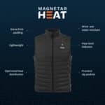 Magnetar heated vest product photo showing lightweight insulated design with heat indicator, wind and water resistance, zip pockets, and padded warmth