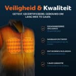 USP afbeelding van Magnetar verwarmd vest met zichtbare warmtepanelen, toont CE-certificering, wasbaar ontwerp en 1 jaar garantie.