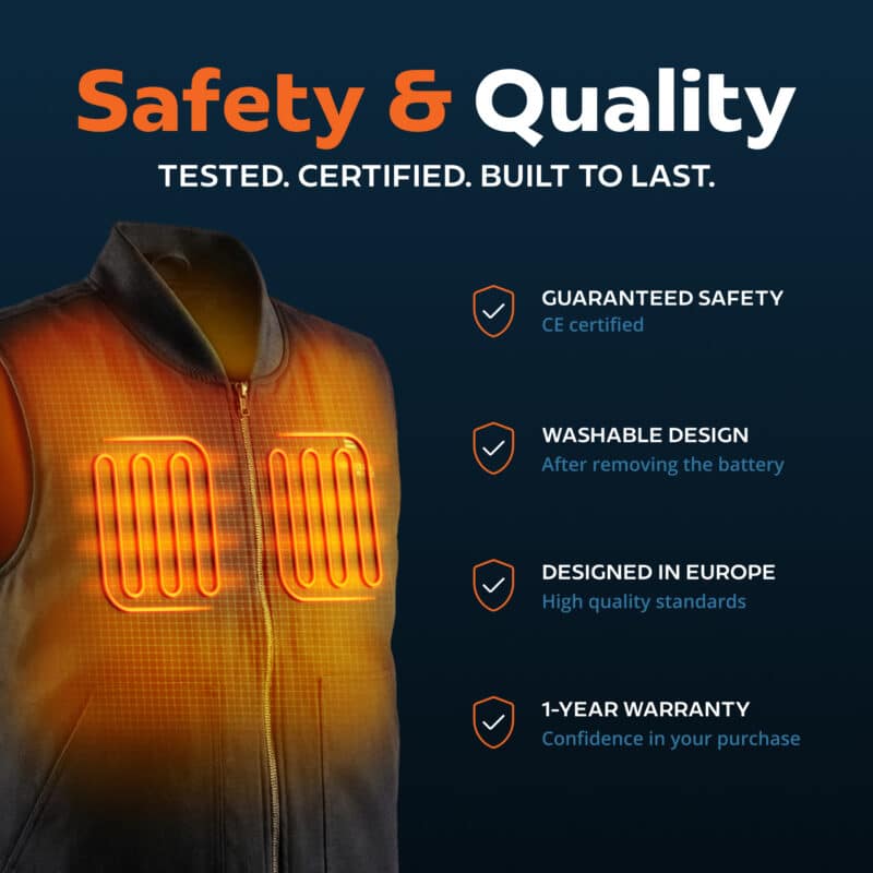 Heated vest showing integrated chest heating panels with safety and quality features, CE certified, washable after battery removal, one year warranty