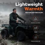 Lightweight heated vest worn by man riding quad bike outdoors, sleeveless insulated design for warmth during work and daily use