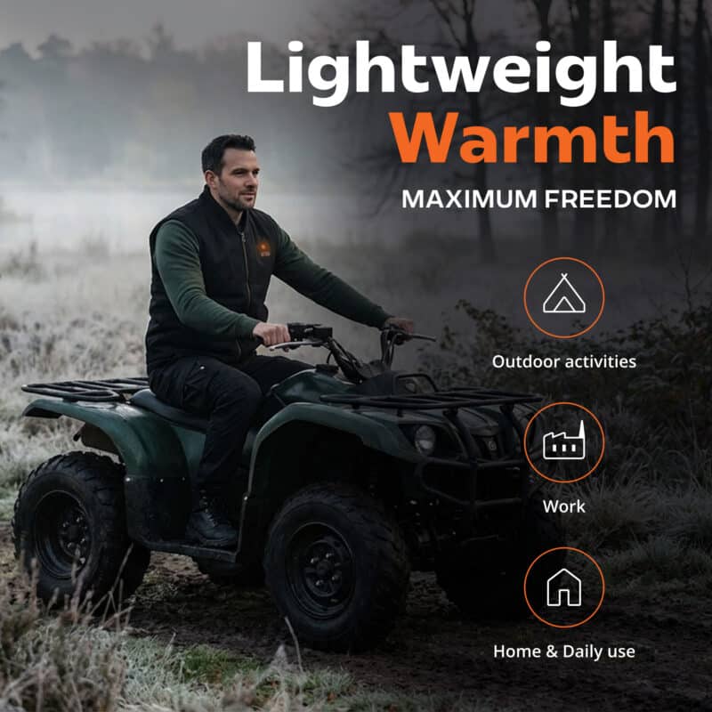 Lightweight heated vest worn by man riding quad bike outdoors, sleeveless insulated design for warmth during work and daily use