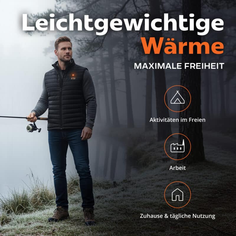 Lifestylebild leichte beheizbare Magnetar Heat Weste für Herren beim Angeln im Freien, kabellose Wärme, ideal für Outdoor, Arbeit und Alltag