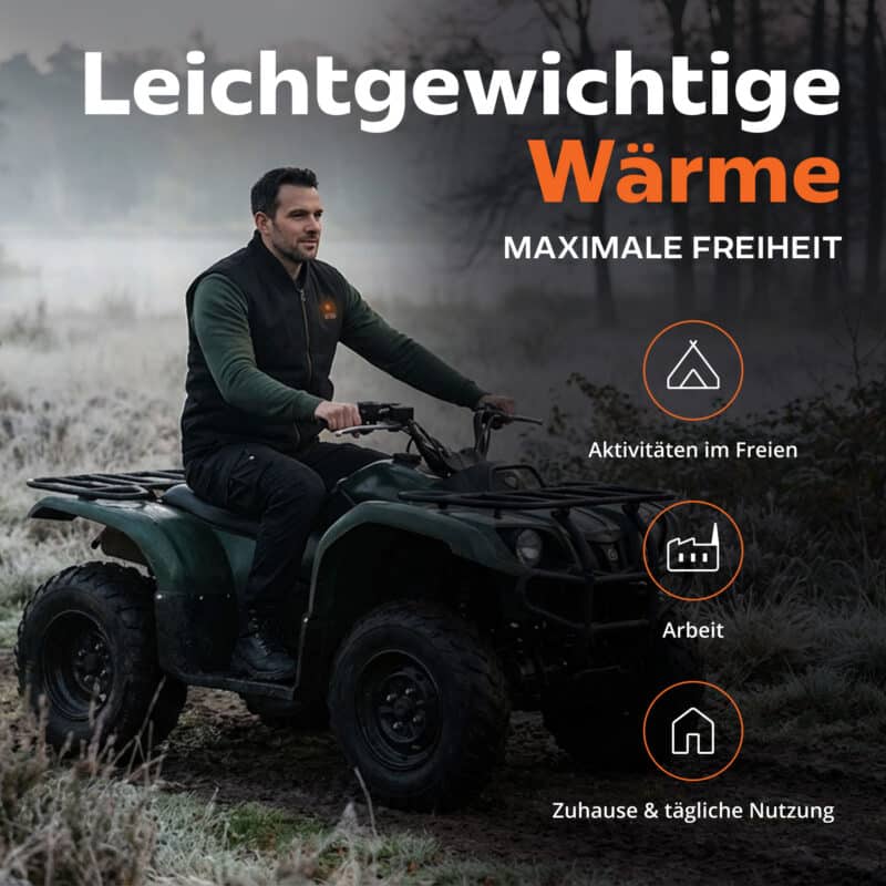 Lifestylebild einer leichten beheizten Magnetar Heizweste bei Outdoor Nutzung auf einem Quad, ideal für Arbeit und Freizeit im Freien