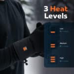 Infographic of Magnetar heated gloves showing wrist control with three heat levels and battery life for low, medium, and high settings.