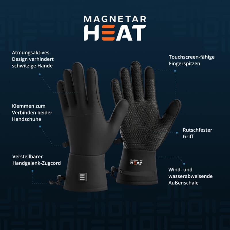 Produktfoto beheizbare Magnetar Heat Handschuhe mit rutschfestem Griff, Touchscreen-Fingerspitzen, wind- und wasserabweisend, outdoor geeignet