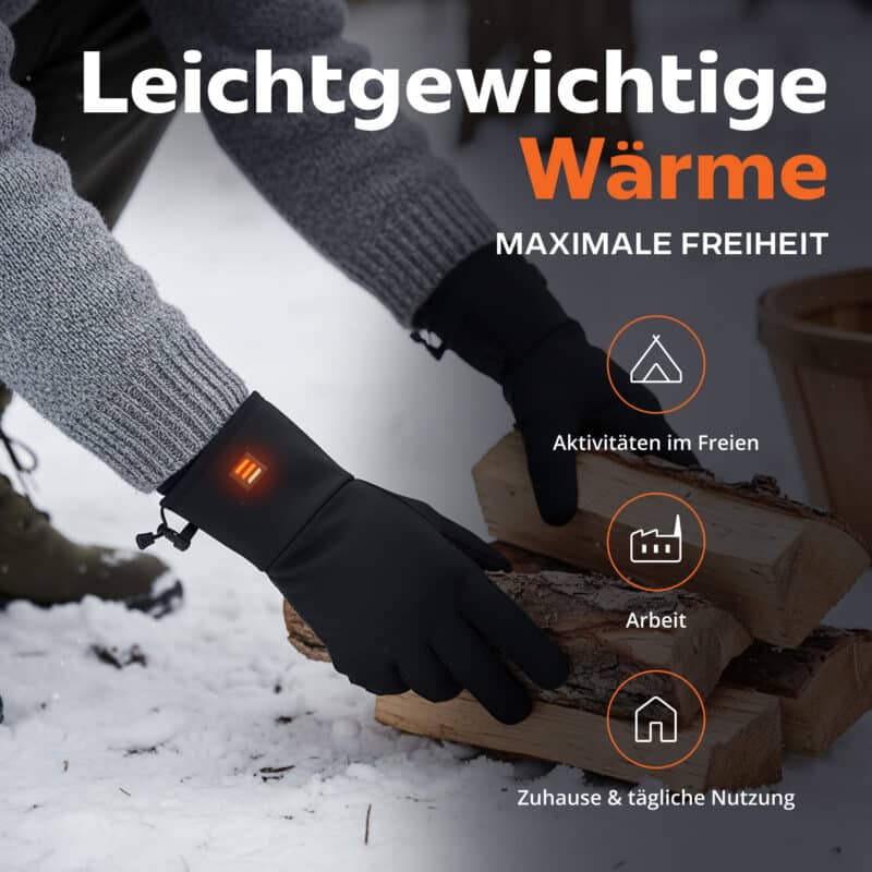 Lifestylebild von beheizten Handschuhen mit LED Wärmeanzeige beim Holzstapeln im Schnee, geeignet für Outdoor Aktivitäten, Arbeit und täglichen Einsatz