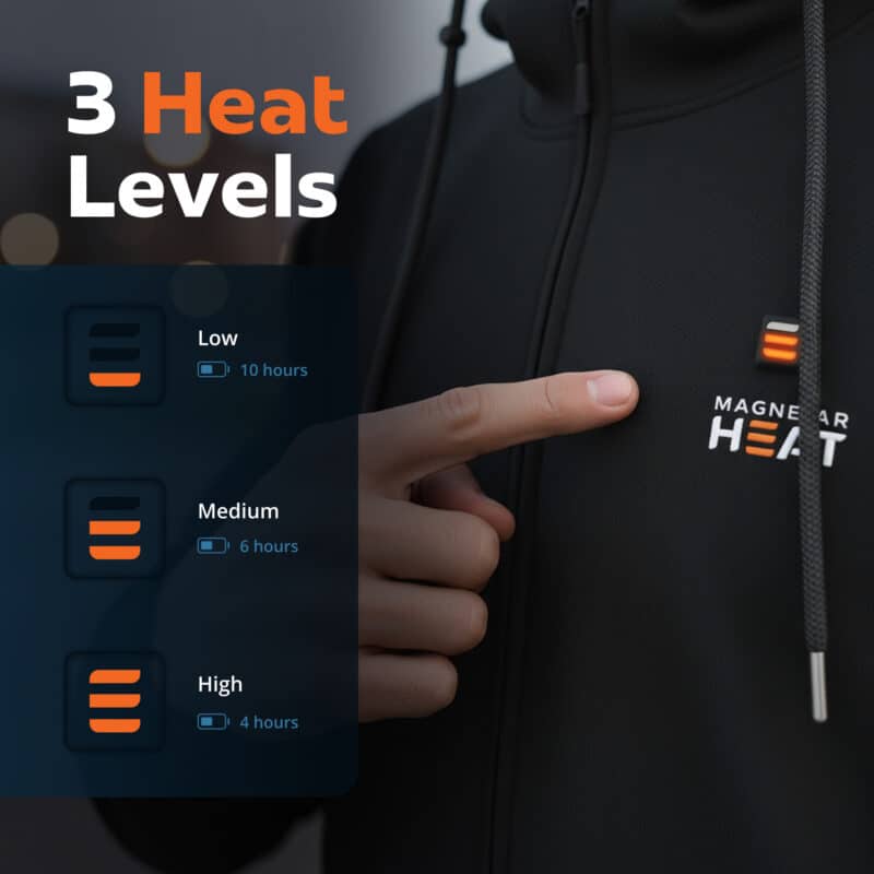 Infographic showing Magnetar heated hoodie power button with three heat levels, low medium and high, including battery life per setting.