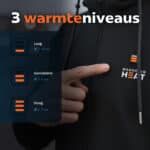 Detailfoto van Magnetar Heat verwarmde kleding met 3 warmteniveaus en de bijbehorende accuduur per stand.