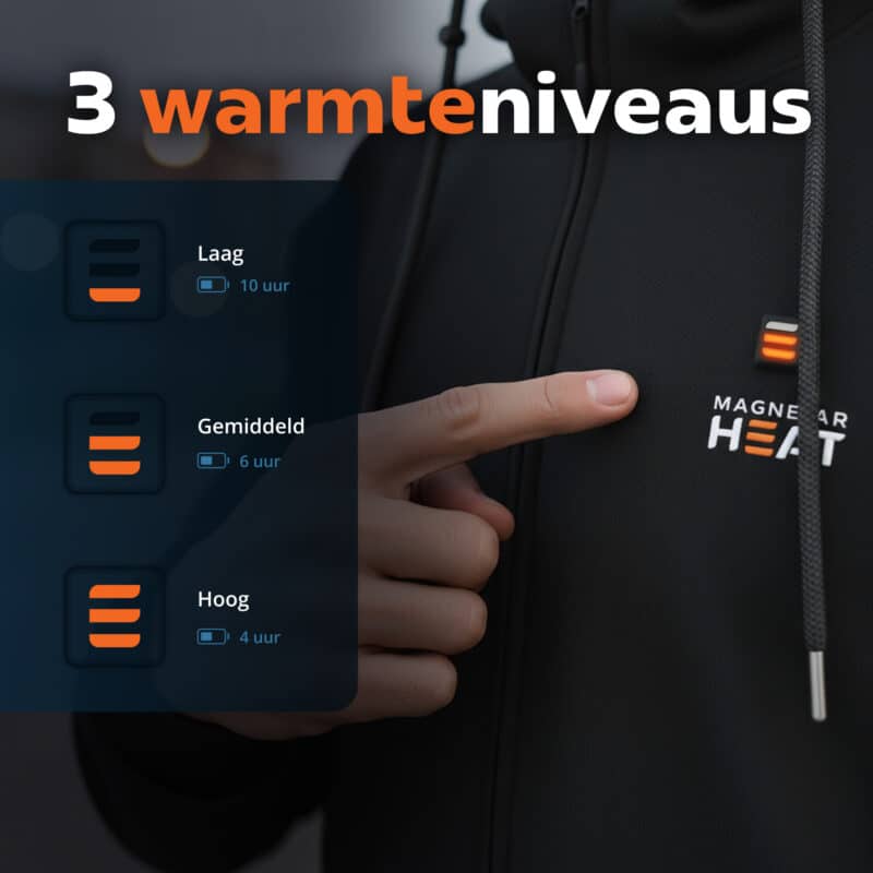 Detailfoto van Magnetar Heat verwarmde kleding met 3 warmteniveaus en de bijbehorende accuduur per stand.