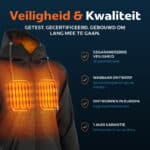 USP productfoto van een wasbare zwarte verwarmde vest met zichtbare warmte-elementen, CE-gecertificeerd en ontworpen in Europa.