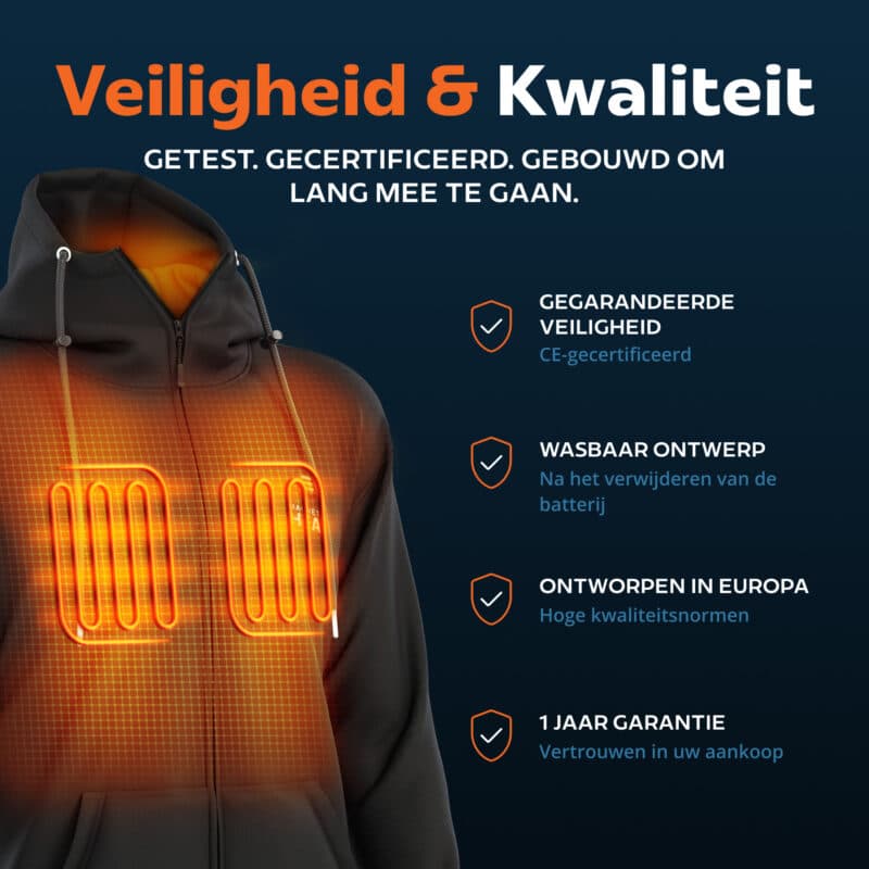 USP productfoto van een wasbare zwarte verwarmde vest met zichtbare warmte-elementen, CE-gecertificeerd en ontworpen in Europa.